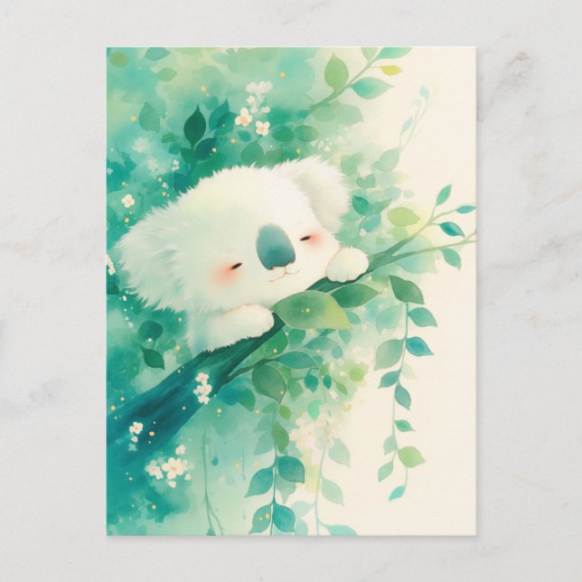 Carte Postale Koala endormi sur une branche avec verdure à l'aqu (Devant)