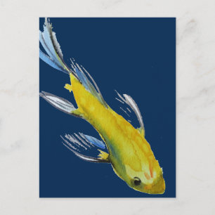 Carte Postale Koi jaune carpe japonaise aquarelle poisson d'art