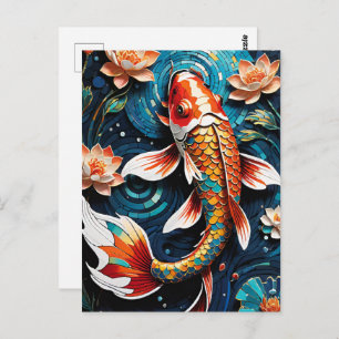 Carte Postale Koi vibrant et de belles fleurs scène aquatique