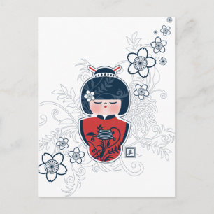 Carte Postale kokeshi marine blanc rouge