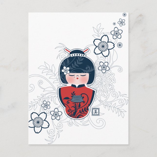 Carte Postale kokeshi marine blanc rouge (Devant)