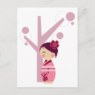 Carte postale Kokeshi Sakura & Cherry Tree