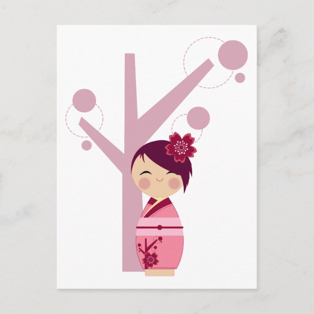 Carte postale Kokeshi Sakura & Cherry Tree (Devant)