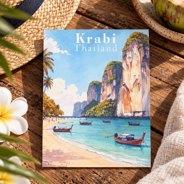 Carte Postale Krabi Thaïlande Falaises et Bateaux Longue Queue V (Krabi Thailand Vintage Cliffs and Longtail Boats Postcard)