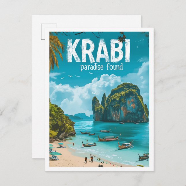 Carte Postale Krabi Thaïlande Illustration de voyage d'art Vinta (Devant / Derrière)