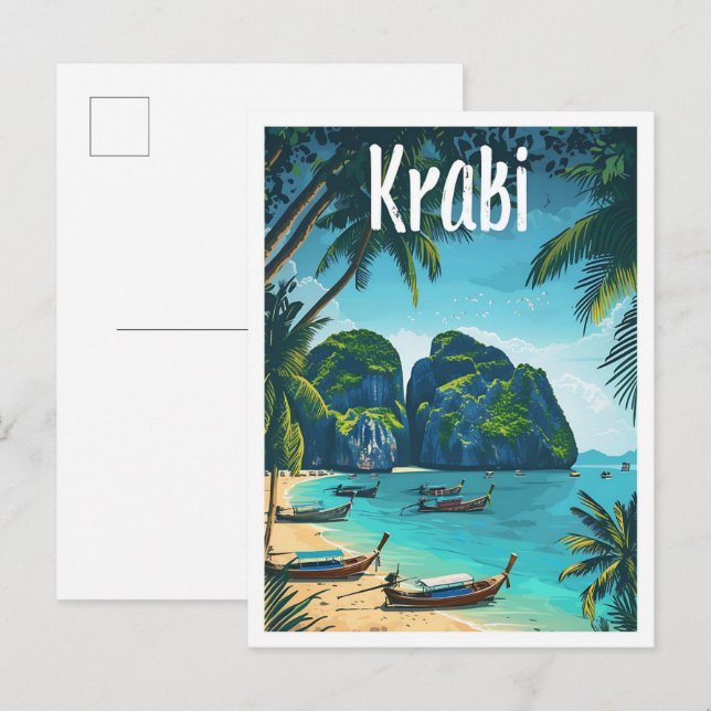 Carte Postale Krabi Thaïlande Illustration de voyage d'art Vinta (Devant / Derrière)