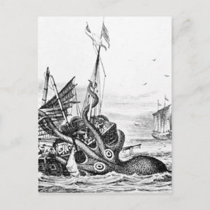 Carte Postale Kraken/Octopus Mangeant Un Navire Pirate, Noir/Bla