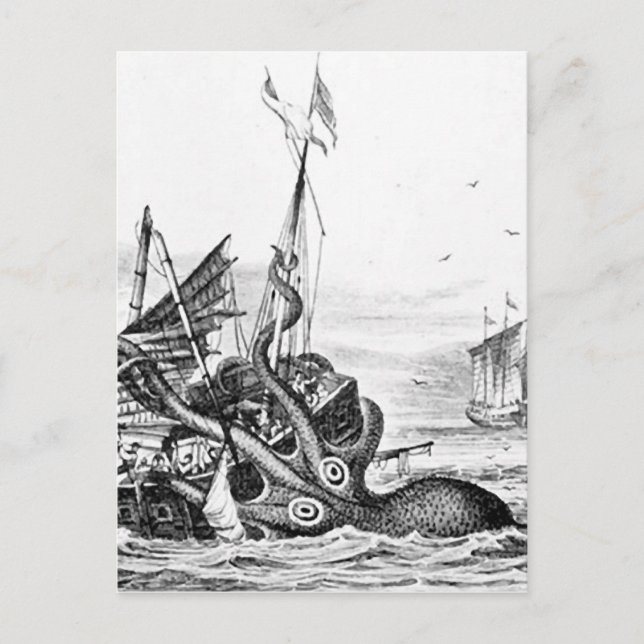 Carte Postale Kraken/Octopus Mangeant Un Navire Pirate, Noir/Bla (Devant)