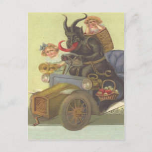 Carte Postale Krampus enlevant des petites filles dans une voitu