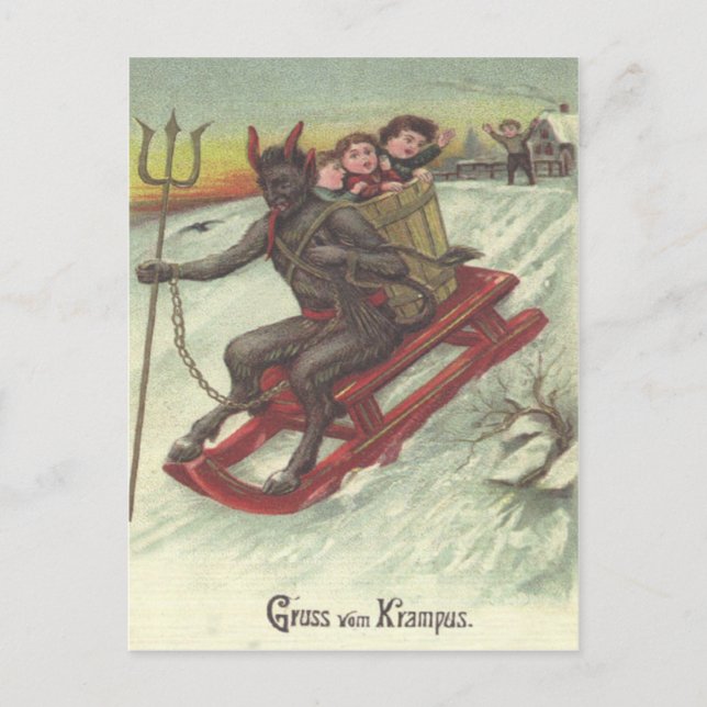 Carte Postale Krampus enlève des enfants sur son traîneau (Devant)