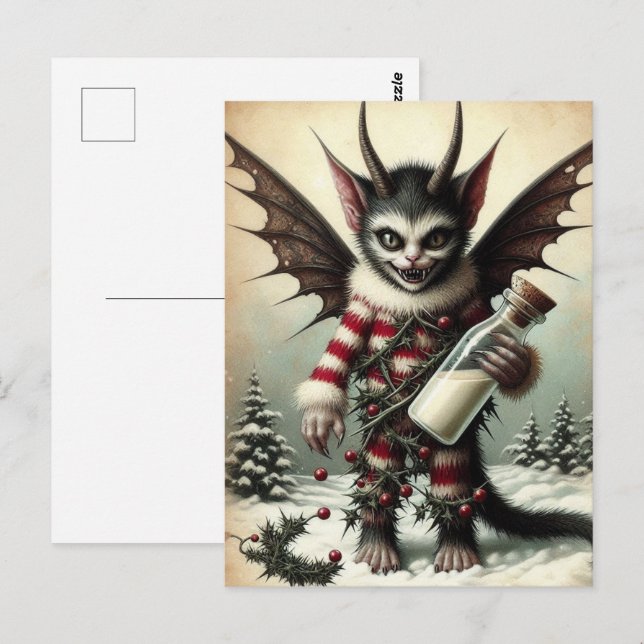 Carte Postale Krampus Kitty de Noël avec bouteille de lait (Devant / Derrière)