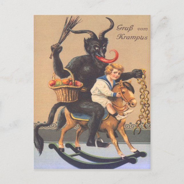 Carte Postale Krampus montant un dada avec un garçon (Devant)