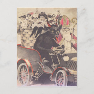 Carte Postale Krampus & prêtre conduisant avec des enfants