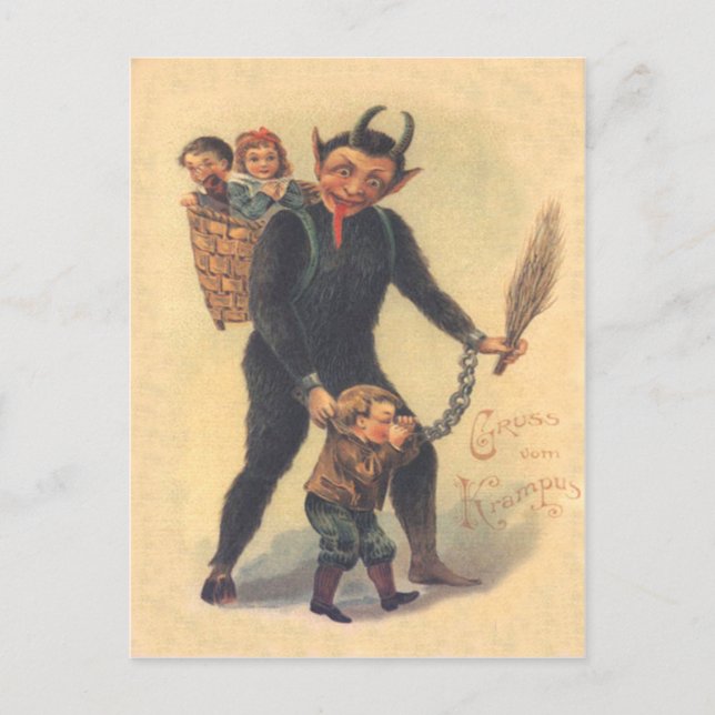 Carte Postale Krampus Punissant le mauvais enfant (Devant)