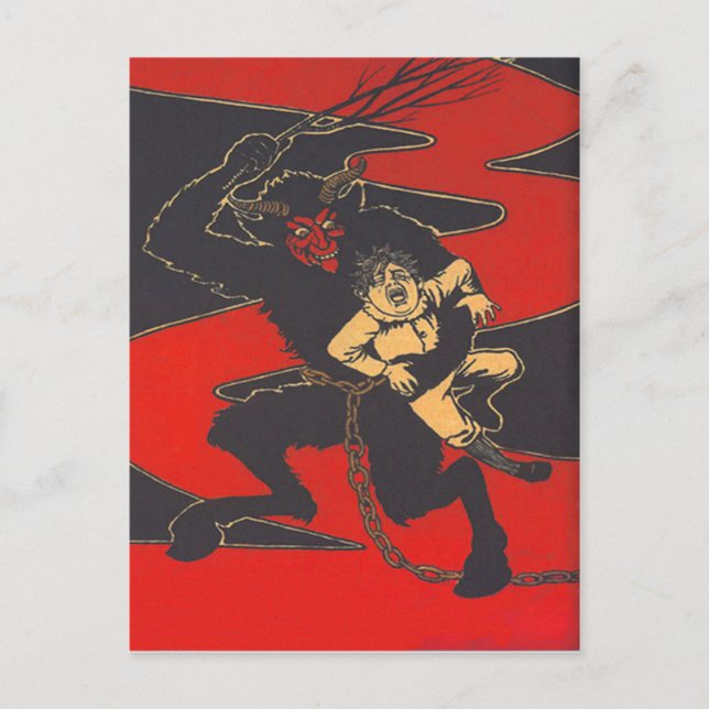 Carte Postale Krampus Punissant un Enfant avec une Baguette (Devant)