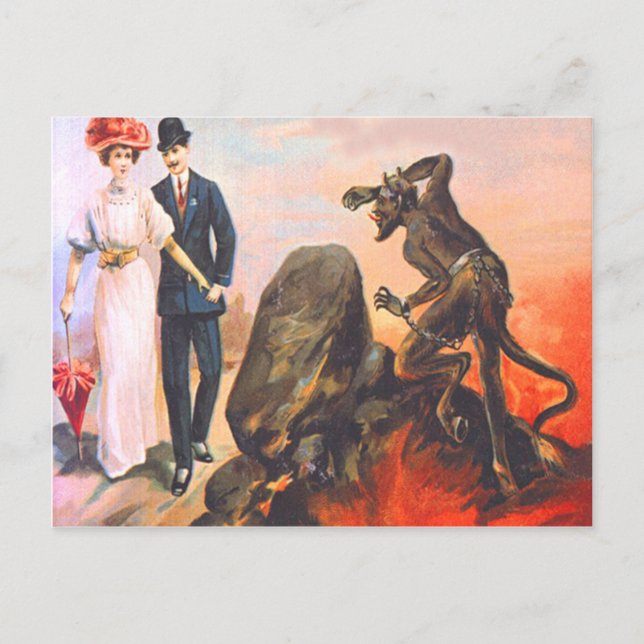 Carte Postale Krampus traquant un couple d'adultes (Devant)