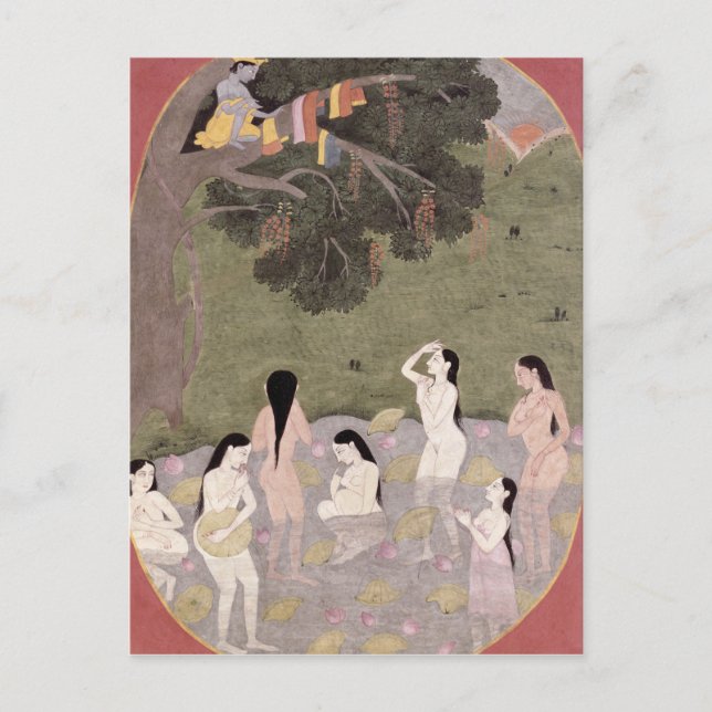 Carte Postale Krishna avec les vêtements des filles de vache, (Devant)