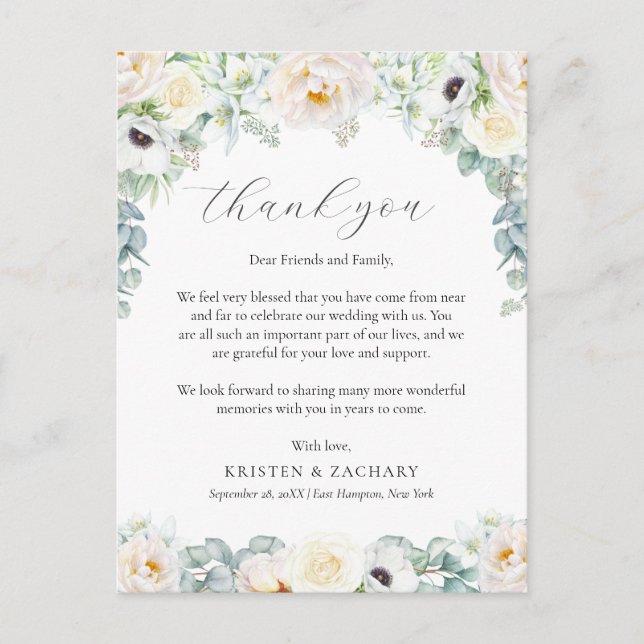 Carte Postale Kristen White Floral Mariage Merci de réception (Devant)