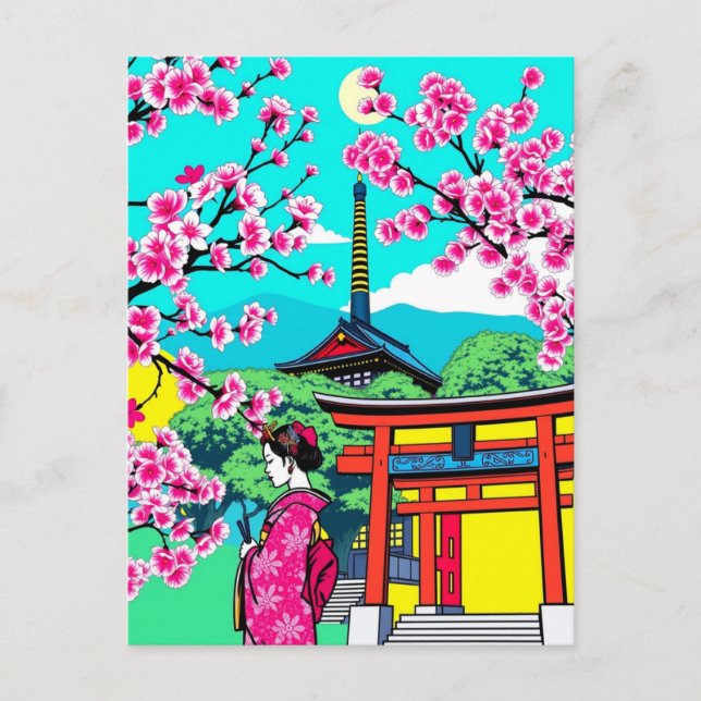 Carte Postale Kyoto, Japon Cherry Blossom Geisha Art Travel (Devant)