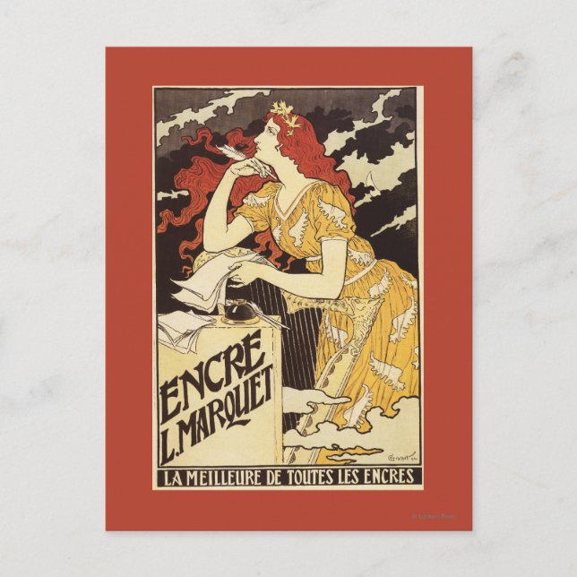 Carte Postale L. Marquet Encre Femme aux Cheveux Roux & Harpe (Devant)