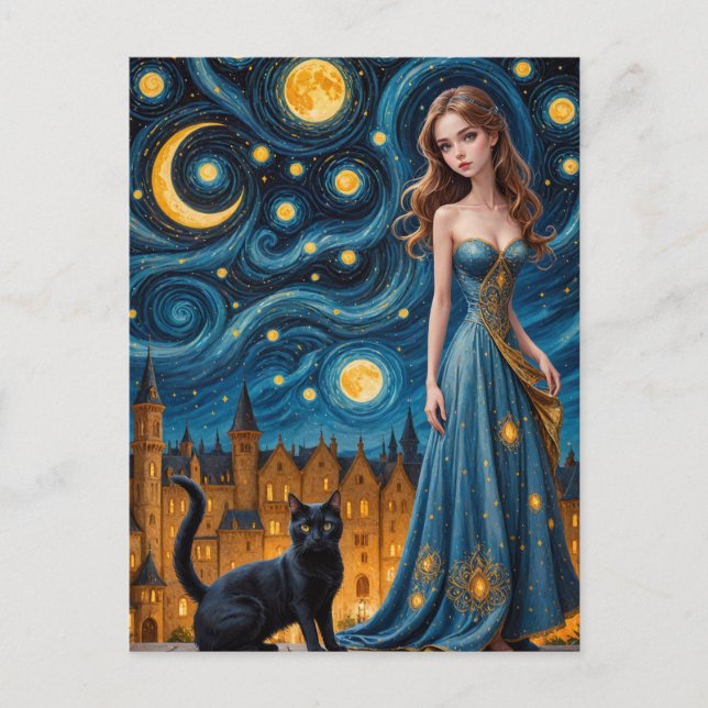 Carte Postale La Belle Femme et Chat dans une ville nocturne (Devant)