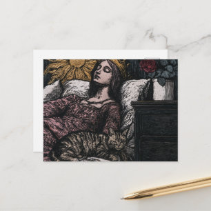 Carte Postale La Belle Reine Endormie et son Chat sur Bois