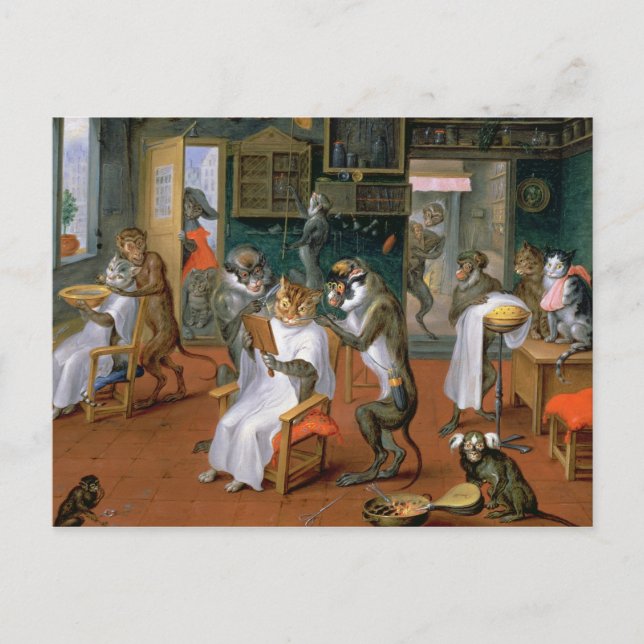 Carte Postale La boutique de barbier avec singes et chats (Devant)