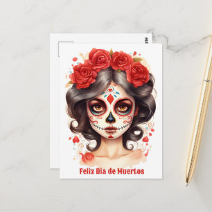 Carte Postale La Calavera Catarina💀 en Fleurs Rouges