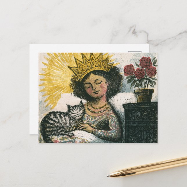 Carte Postale La Chatte Endormie et sa Reine  (Devant/Arrière en situation)