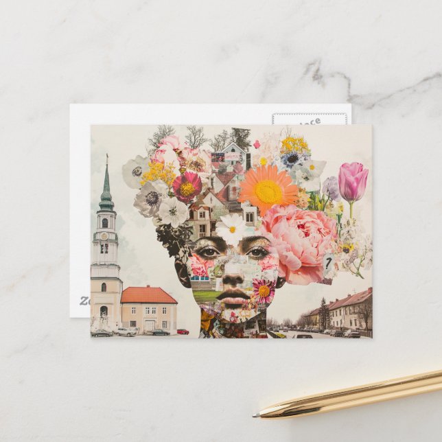 Carte Postale La Dame Collage Fleurs et Bâtiments (Devant/Arrière en situation)