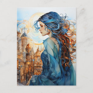 Carte Postale La Dame dans la Ville aux Cheveux Bleus