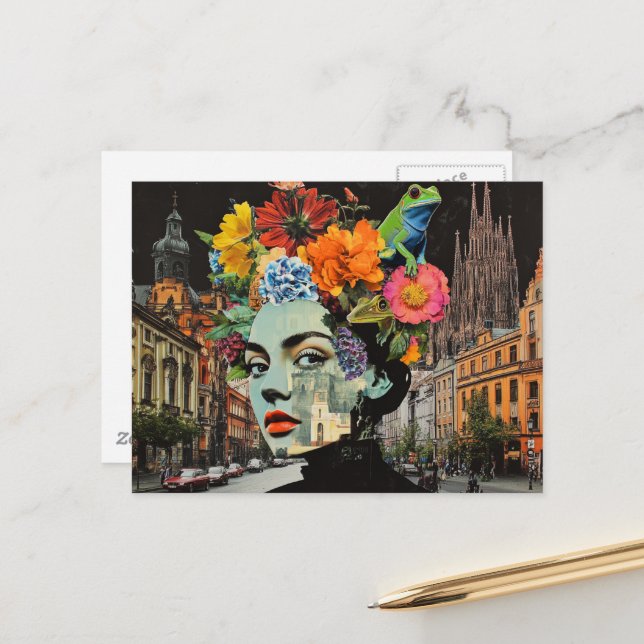 Carte Postale La Dame dans un Collage de Fleurs Bâtiments Grenou (Devant/Arrière en situation)