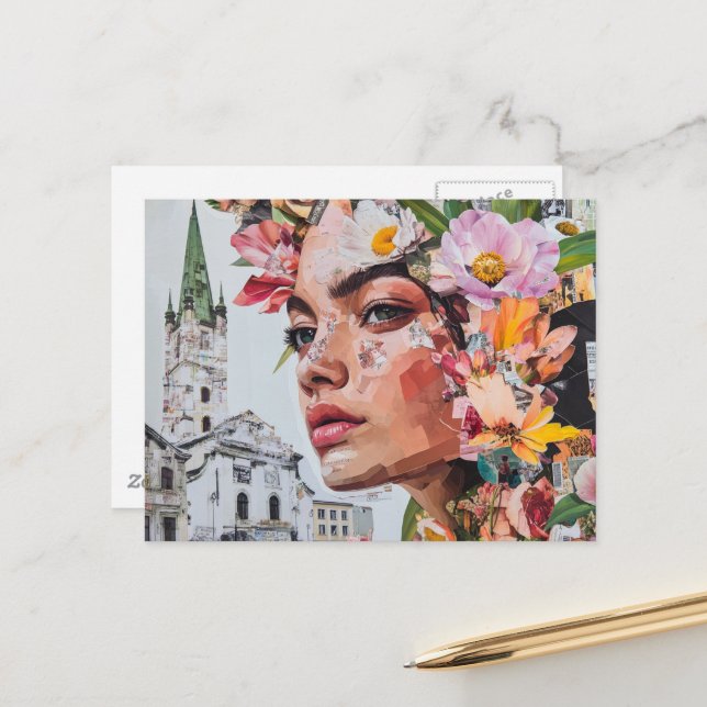 Carte Postale La Dame dans un Collage de Fleurs de Grenouilles d (Devant/Arrière en situation)