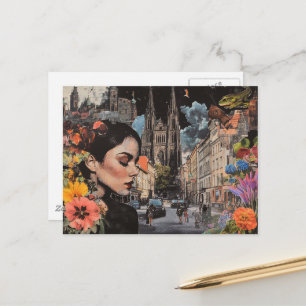 Carte Postale La Dame dans un Collage de Fleurs de Ville Bâtimen