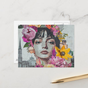 Carte Postale La Dame dans un Collage de Fleurs de Ville Bâtimen