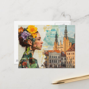 Carte Postale La Dame dans un Collage de Fleurs et de Bâtiments