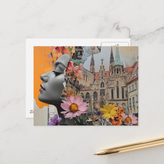 Carte Postale La Dame dans un Collage de Ville (Devant/Arrière en situation)