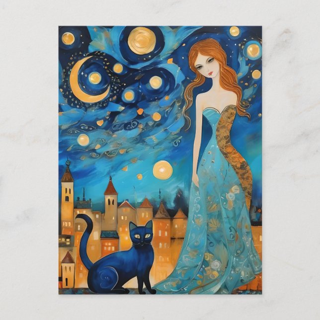 Carte Postale La dame et le chat dans la ville à la nuit (Devant)