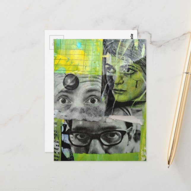 Carte Postale La Dame et les Médecins Collage de techniques mixt (Devant/Arrière en situation)