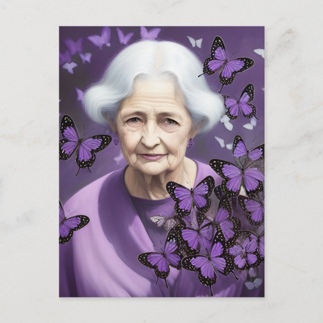 Carte Postale La femme âgée et les papillons violets (Devant)