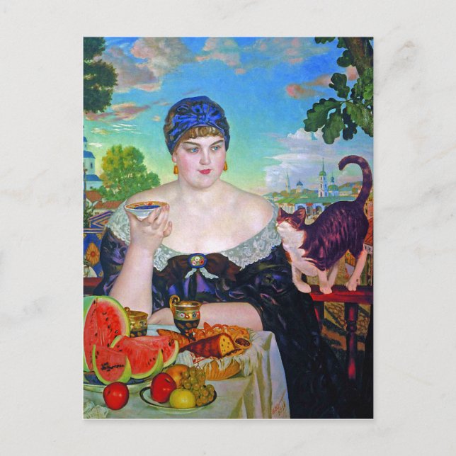 Carte Postale La Femme et le Chat du Marchand par Boris Kustodie (Devant)