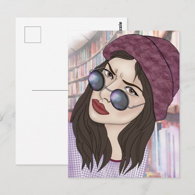 Carte Postale La fille à la bibliothèque (Devant / Derrière)