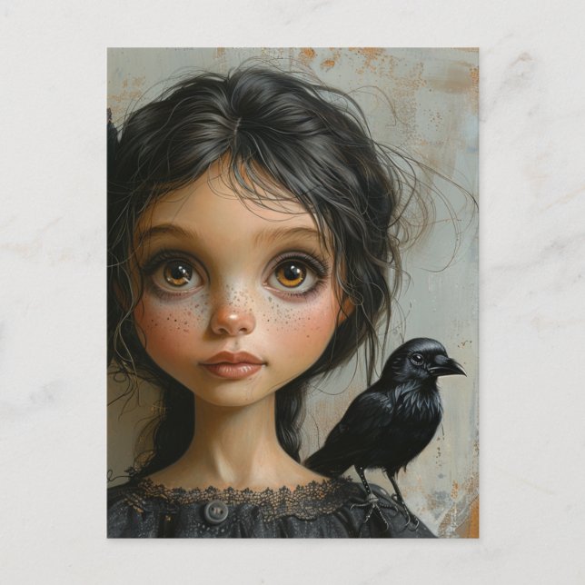 Carte Postale La Fille avec un Oiseau Noir (Devant)