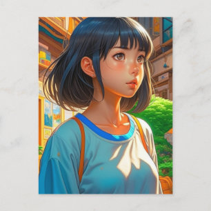 Carte Postale La fille d'Anime dans la ville Maintenir le cont