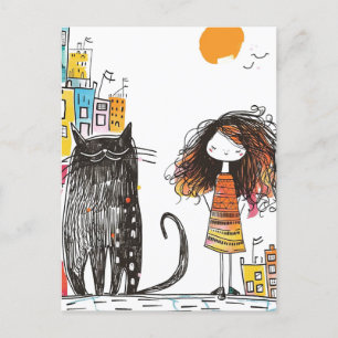 Carte Postale La fille et le chat noir géant dans la ville