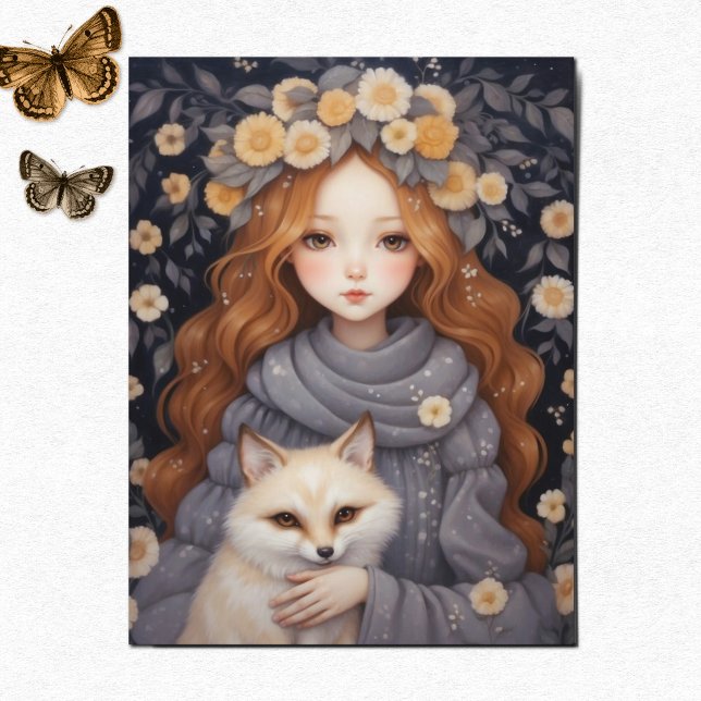 Carte Postale La fille serre un Renard Rouge, Whimiscal (Whimsical Art - Little Girl with a Red Fox, a cute postcard design for lovers of fantasy and animals)