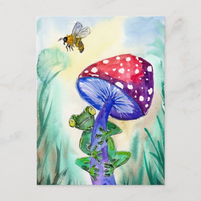 Carte Postale La grenouille sur le champignon veut l'abeille (Devant)