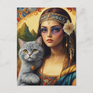 Carte Postale La jeune hippie Mona Lisa et son chat gris