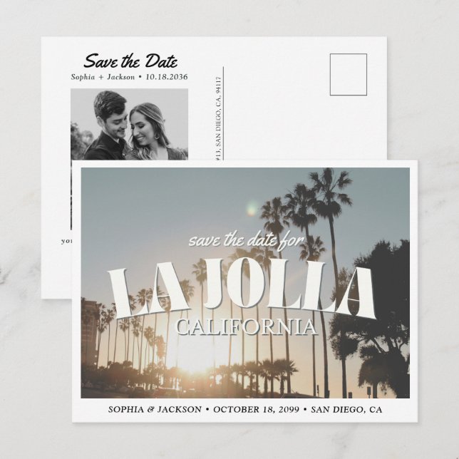 Carte Postale La Jolla Mariage Save the Date Palmier Rétro (Devant / Derrière)