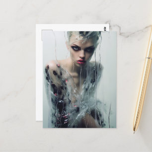 Carte Postale La Lady Robe En Plastique Clair Derrière La Fenêtr